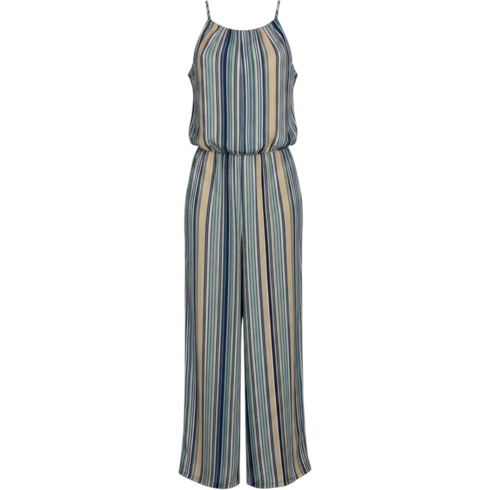 Tacera Wide Leg Halter Jumpsuit - Earth Tone Vertical Stripes - Size S/M